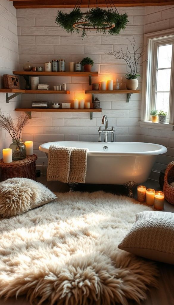 Cozy winter scene of a KlickKiste mini-spa at-home retreat. Soft, natural lighting illuminates a plush, oversized bath rug in earthy tones and luxurious textures. Faux-fur throws and knit pillows create a warm, inviting atmosphere. A large, clawfoot tub takes center stage, surrounded by wooden shelves displaying self-care products and accessories. Flickering candles cast a gentle glow, while potted plants and natural decor elements add organic touches. The overall mood is serene, indulgent, and perfectly suited for a relaxing winter wellness experience.