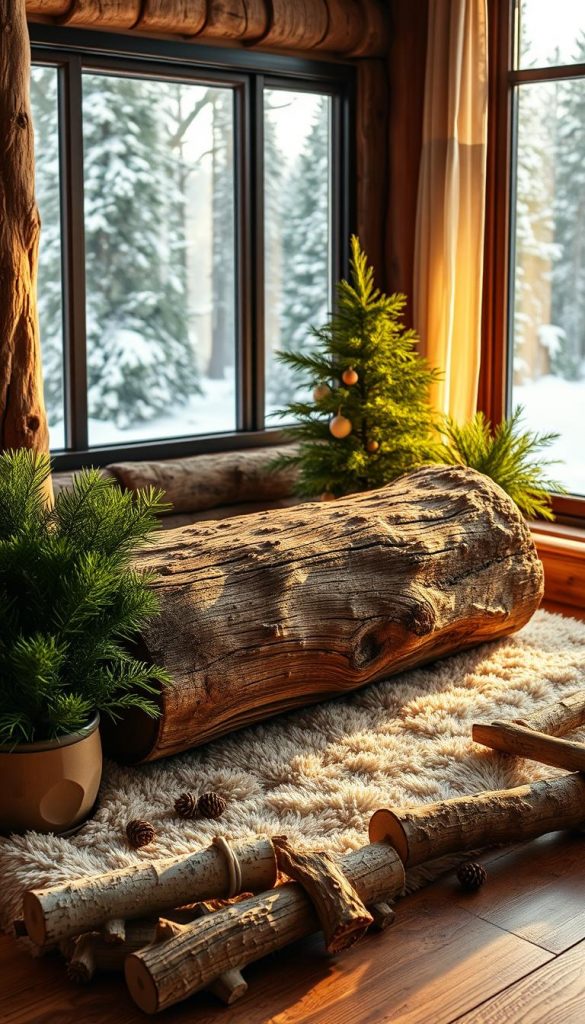 Cozy winter scene of a rustic living room. A large, knot-filled oak log sits on a plush, cream-colored rug, surrounded by lush, verdant potted plants. Warm, soft lighting filters through the scene, casting a golden glow. Birch logs and pinecones are scattered around the room, adding natural texture. In the background, a window overlooks a snowy, pine-filled landscape. The overall atmosphere is one of comfort, coziness, and a connection to the great outdoors. KlickKiste.