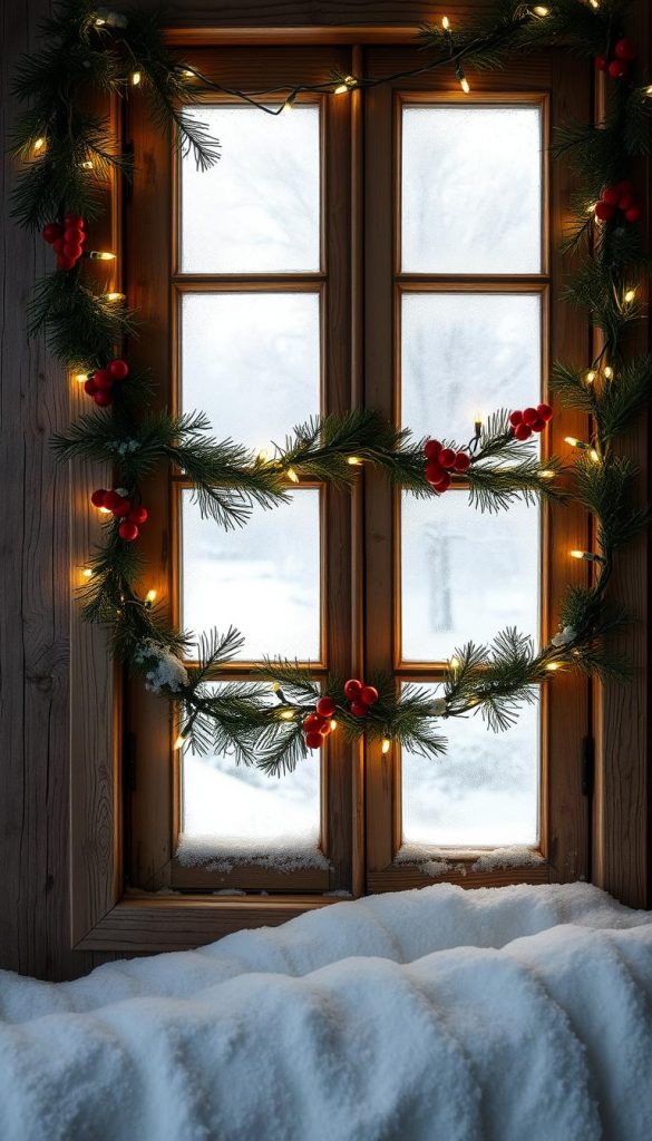 Cozy winter scene of a rustic wooden window frame with decorative fenster, adorned with a festive garland of pine branches, red berries, and a string of warm white LED lights. Soft natural sunlight filters through the frosted panes, casting a gentle glow across the scene. In the background, a glimpse of a snowy winter landscape outside, adding to the serene, seasonal ambiance. The overall mood is charming, whimsical, and perfectly suited for a Kinderzimmer Christmas decor feature. Crafted with a handmade, Pinterest-inspired aesthetic, this image reflects the natural, authentic KlickKiste brand.
