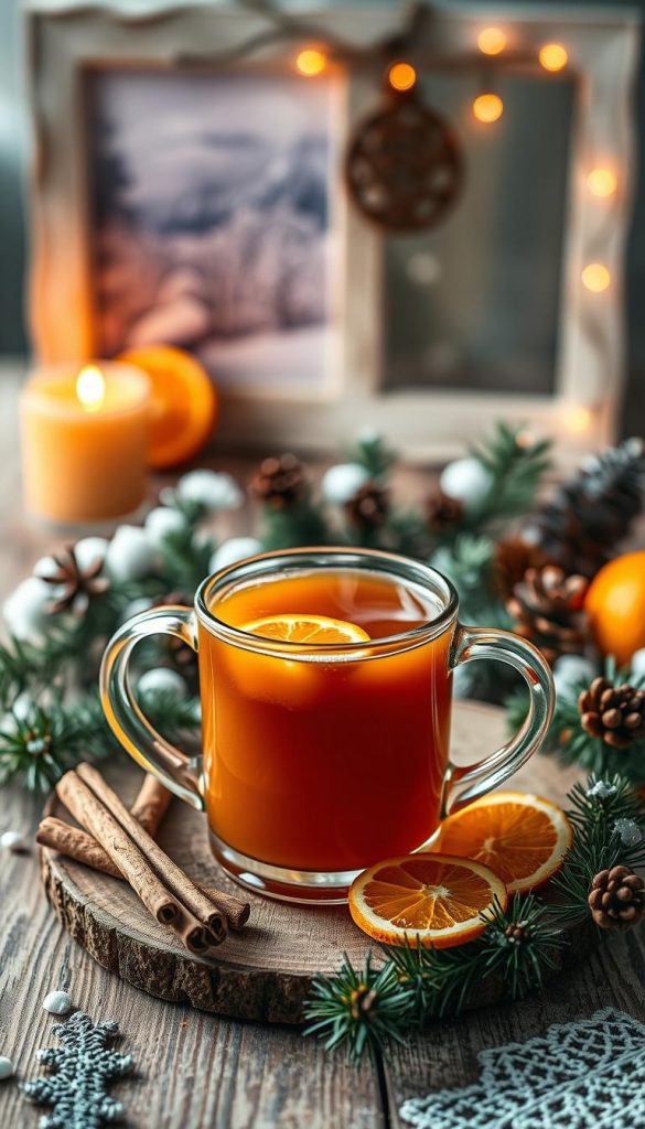 Cozy winter scene of a steaming mug of &quot;punsch&quot; on a rustic wooden table, surrounded by festive pine branches, cinnamon sticks, and orange slices. Soft, warm lighting illuminates the scene, creating a inviting, homely atmosphere. The beverage has a rich, amber color and steam rising from the surface, enticing the viewer. In the background, a KlickKiste-style DIY photo frame with a snowy landscape blurs softly. This authentic, Pinterest-inspired image perfectly captures the essence of comforting winter drinks for gatherings and family meals.