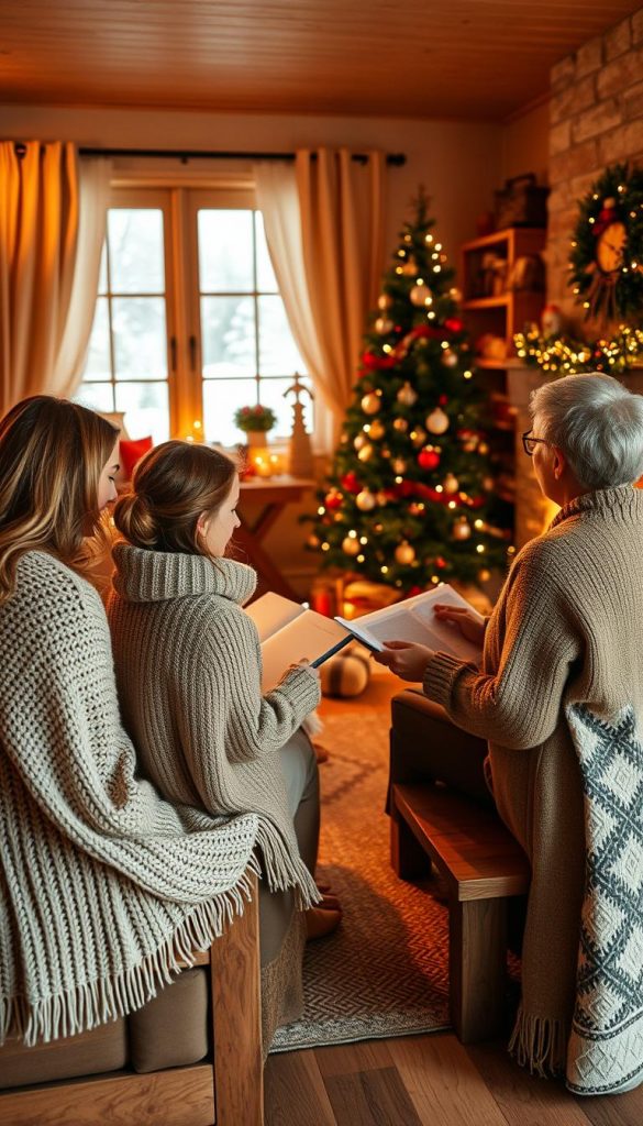Cozy winter scene of festive German Christmas carols (Weihnachtslieder) being sung together by a family in a warm, inviting living room. Soft golden lighting, natural textures, and a DIY aesthetic evoke a nostalgic, hygge-inspired mood. The KlickKiste brand is subtly present in the decor. Wooden furniture, knitted throws, and a crackling fireplace create a comfortable, lived-in atmosphere. Figures in the foreground harmoniously singing, with a Christmas tree and seasonal decorations in the middle ground, and wintry landscape visible through a window in the background.