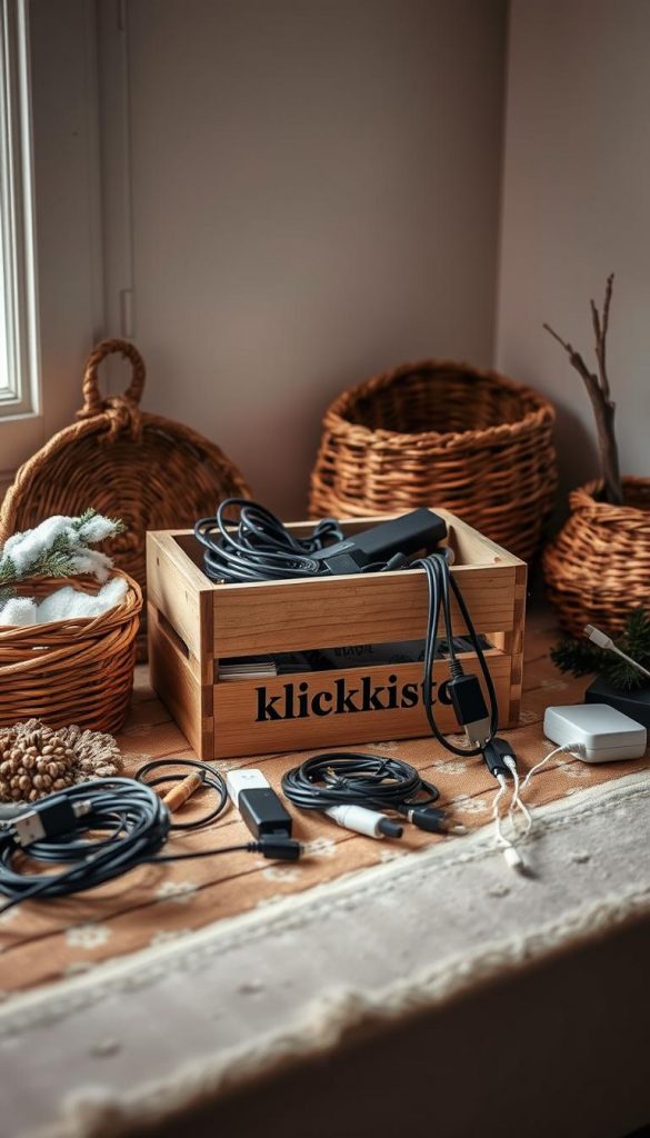 Cozy winter scene showcasing sustainable cable storage solutions. Wooden crate labeled "KlickKiste" on a rustic table, surrounded by natural DIY organizers like woven baskets and pine branches. Soft, warm lighting casts a moody, inspirational atmosphere. Cables, adapters, and charging devices artfully arranged, conveying a sense of order and eco-friendliness. Subtle textures and earthy tones evoke a Pinterest-worthy, handmade aesthetic. Conveys the ideas of repairing, reusing, and responsibly disposing of electronic waste. Cozy winter scene showcasing sustainable cable storage solutions. Wooden crate labeled "KlickKiste" on a rustic table, surrounded by natural DIY organizers like woven baskets and pine branches. Soft, warm lighting casts a moody, inspirational atmosphere. Cables, adapters, and charging devices artfully arranged, conveying a sense of order and eco-friendliness. Subtle textures and earthy tones evoke a Pinterest-worthy, handmade aesthetic. Conveys the ideas of repairing, reusing, and responsibly disposing of electronic waste.