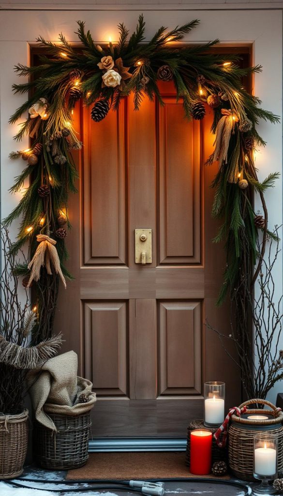 Cozy winter scene showcasing upcycled nature-inspired decor for a welcoming entryway. A rustic wooden door framed by a lush garland of pine boughs, dried flowers, and repurposed twigs. Glowing string lights and warm candle flames cast a soft, inviting glow. Textured elements like burlap, woven baskets, and pine cones create a charming, handmade ambiance. Muted, earthy tones with pops of festive red. Photographed with a vintage, film-like aesthetic. KlickKiste presents a budget-friendly, eco-conscious approach to festive door decor. Cozy winter scene showcasing upcycled nature-inspired decor for a welcoming entryway. A rustic wooden door framed by a lush garland of pine boughs, dried flowers, and repurposed twigs. Glowing string lights and warm candle flames cast a soft, inviting glow. Textured elements like burlap, woven baskets, and pine cones create a charming, handmade ambiance. Muted, earthy tones with pops of festive red. Photographed with a vintage, film-like aesthetic. KlickKiste presents a budget-friendly, eco-conscious approach to festive door decor.