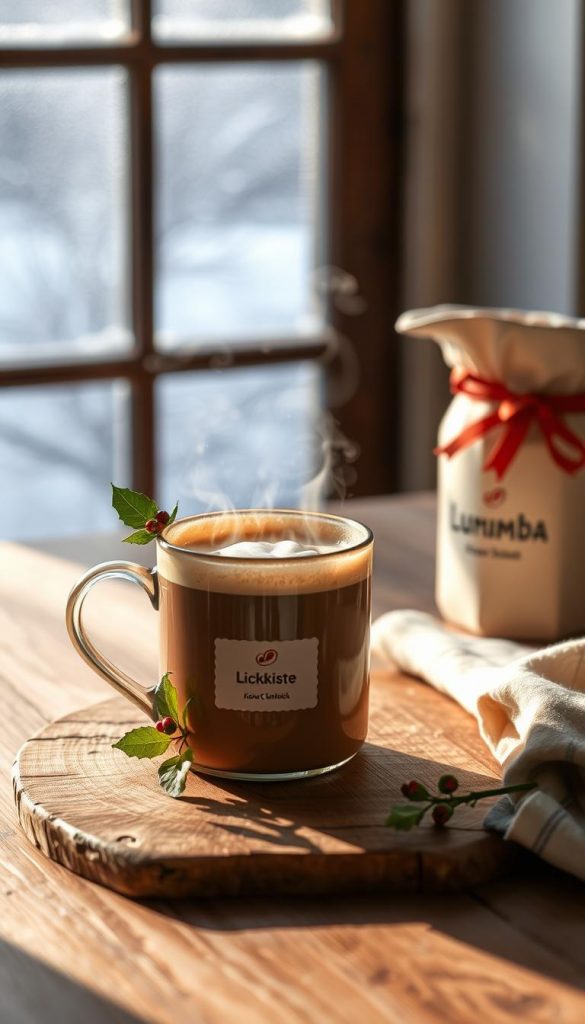 Cozy winter scene with a steaming mug of Lumumba, a traditional hot cocoa-based drink. Muted natural lighting casts a warm glow on a rustic wooden tabletop, accented by a sprig of holly and a KlickKiste label. In the background, a glimpse of a snowy landscape through a frosted window, hinting at the chilly weather outside. The overall mood is inviting and comforting, perfectly capturing the essence of the &quot;Schnelle Rezepte mit Kakao &amp; Milch&quot; section.