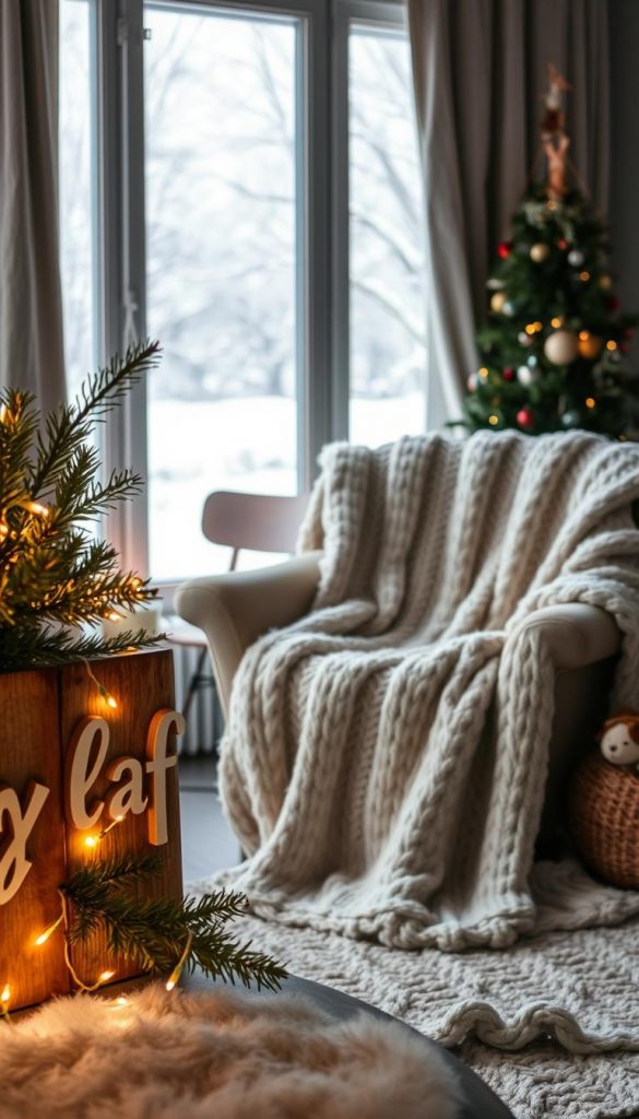 Cozy winter scene with a warm, natural aesthetic. In the foreground, a hand-crafted &quot;Schlaf&quot; wooden sign, adorned with pine branches and fairy lights, casts a soft glow. In the middle, a plush, oversized knitted blanket is draped over a comfortable armchair, inviting relaxation. The background features a large window overlooking a snowy landscape, hinting at the tranquility of the &quot;Neujahr Routinen, die dich wirklich tragen&quot;. Soft, diffused lighting creates a serene, inviting atmosphere. The overall composition has a DIY, Pinterest-inspired look, with KlickKiste's brand identity subtly present in the styling.