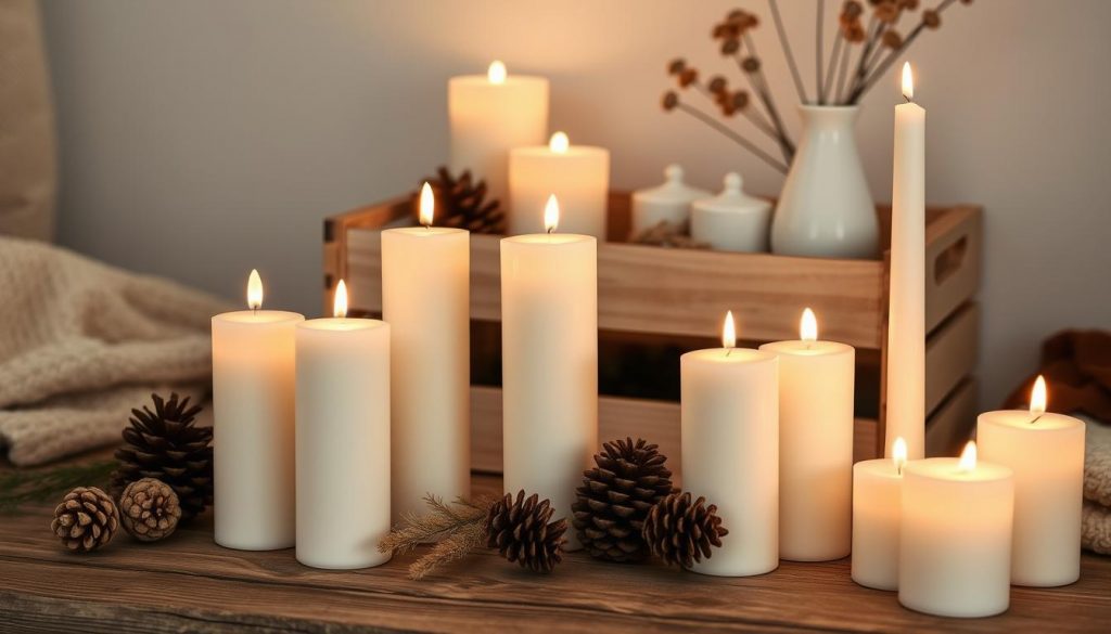 Cozy winter scene with an assortment of elegant white pillar candles of varying heights, arranged on a rustic wooden surface. Warm candlelight casts a soft, intimate glow, creating a serene and inviting atmosphere. In the background, a minimalist DIY wooden KlickKiste storage crate holds additional candles and other natural elements like pinecones, dried flowers, and a simple white ceramic vase. The overall color palette is muted and soothing, with earthy tones of beige, white, and natural wood. Soft, diffused lighting from the candles illuminates the scene, evoking a sense of tranquility and relaxation.