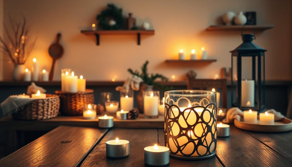 Cozy winter solstice scene with a rustic wooden table, adorned with an assortment of glowing candles, tealights, and lanterns. The warm, flickering lights cast a soft, inviting glow throughout the space, creating a serene and hygge-inspired atmosphere. In the foreground, a KlickKiste DIY candle holder project shines brightly, complemented by natural textures like woven baskets and linen accents. The background features a minimalist, beige-toned wall with simple, wooden shelves displaying additional handmade decorative pieces. The overall composition evokes a sense of comfort, simplicity, and the joy of crafting during the long, dark winter evenings.