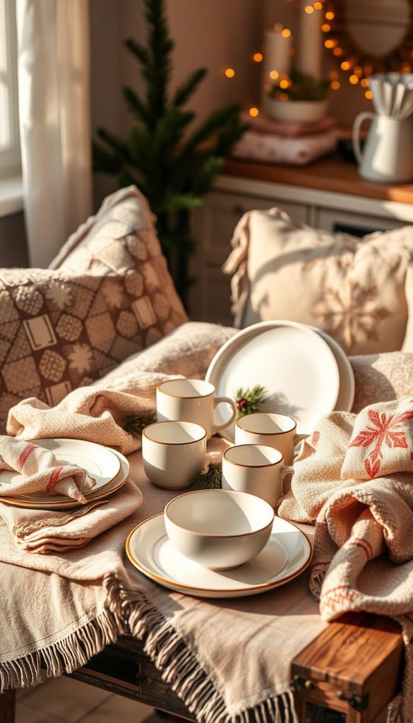 Cozy winter still life showcasing a collection of GreenGate textiles and dinnerware. Elegant tableware with a festive touch, including porcelain plates, mugs, and bowls in soft muted tones. Complemented by plush textured cushions, throws, and napkins in festive patterns. Warm golden lighting casts a gentle glow, creating a welcoming, hygge-inspired atmosphere. Placed atop a rustic wooden surface, evoking a charming, homemade aesthetic. In the background, a glimpse of a KlickKiste, adding a touch of natural, DIY-inspired style. The overall scene radiates a sense of comfort, coziness, and holiday cheer.