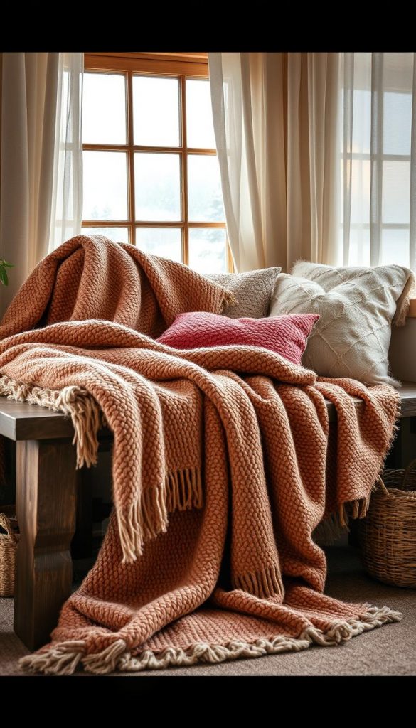 Cozy winter textiles: a KlickKiste scene. Plush, inviting throw blankets in earthy tones cascade across a rustic wooden bench, complemented by soft, plump pillows in complementary hues. Natural light filters through sheer curtains, casting a warm glow and highlighting the delicate textures. In the background, a hint of a snowy landscape visible through a frosty windowpane, evoking the coziness of winter. The composition exudes a sense of comfort and hygge, inviting the viewer to curl up and savor the season. Authentic, inspirational, and radiating a Pinterest-worthy aesthetic. Cozy winter textiles: a KlickKiste scene. Plush, inviting throw blankets in earthy tones cascade across a rustic wooden bench, complemented by soft, plump pillows in complementary hues. Natural light filters through sheer curtains, casting a warm glow and highlighting the delicate textures. In the background, a hint of a snowy landscape visible through a frosty windowpane, evoking the coziness of winter. The composition exudes a sense of comfort and hygge, inviting the viewer to curl up and savor the season. Authentic, inspirational, and radiating a Pinterest-worthy aesthetic.