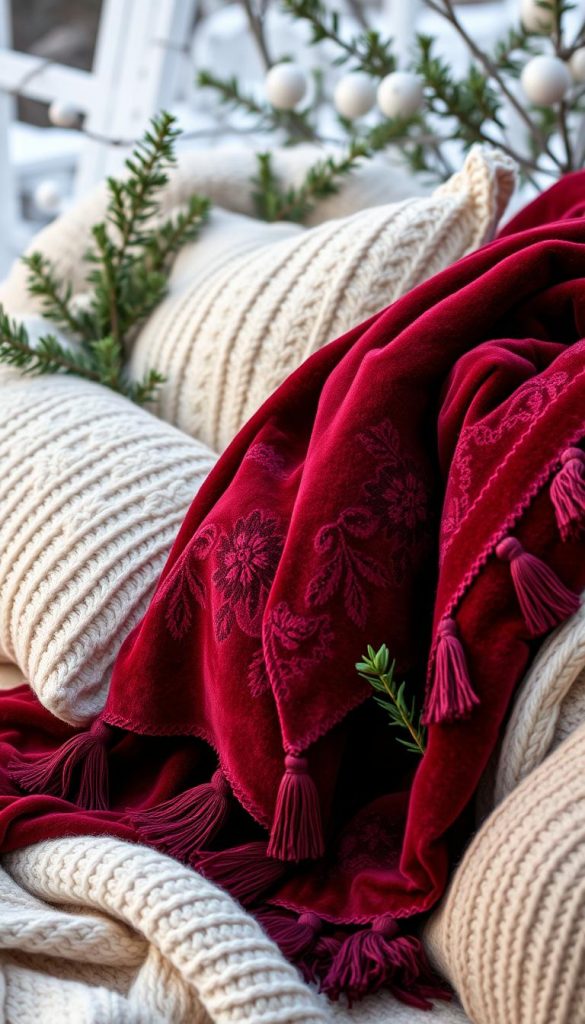 Cozy winter textiles in a serene, natural setting. A plush velvet throw in a rich burgundy hue, accented with intricate needlework and tasseled edges. Soft, cream-colored knit pillows, their patterns evoking the warmth of a roaring fire. Delicate yet hardy evergreen sprigs interspersed, adding a touch of festive greenery. Gentle, diffused lighting bathes the scene, creating a sense of coziness and comfort. The overall composition exudes a sense of rustic elegance, perfectly capturing the essence of hygge and the inviting allure of a Weihnachtsdeko-inspired winter wonderland.