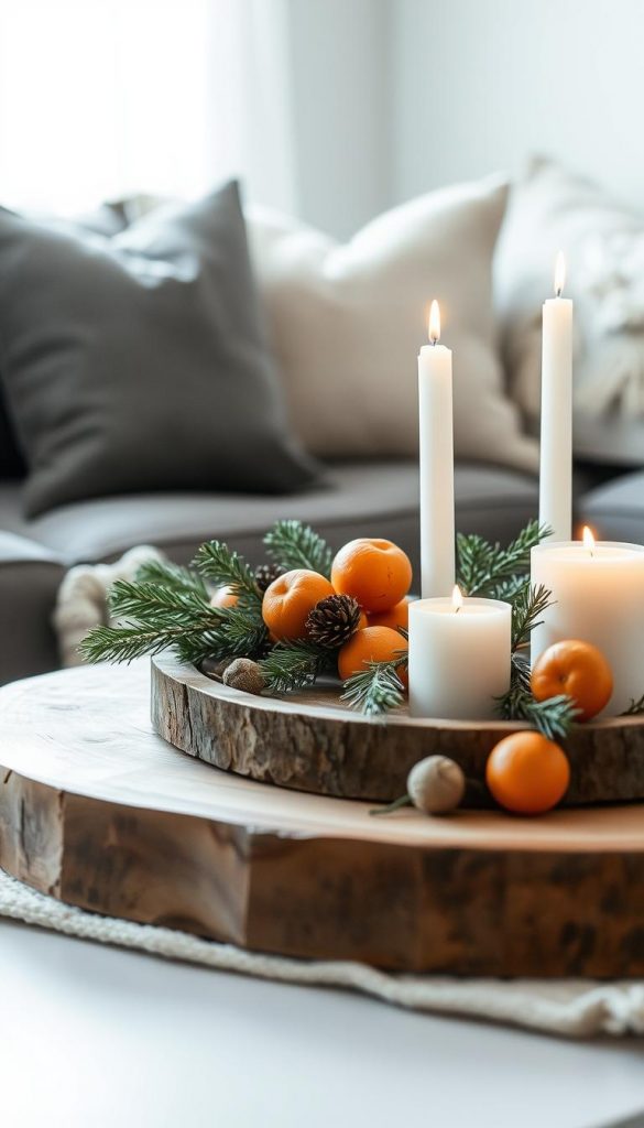 Cozy winter vignette on a KlickKiste coffee table, featuring a rustic wooden tray with natural pine branches, dried oranges, and a few warm white pillar candles. The scene is bathed in soft, diffused lighting, creating a serene and inviting atmosphere. Touches of greenery and natural textures complement the neutral palette, evoking a sense of harmony and simplicity. The arrangement is styled to look effortlessly elegant, capturing the essence of a minimalist, Pinterest-inspired holiday decor.