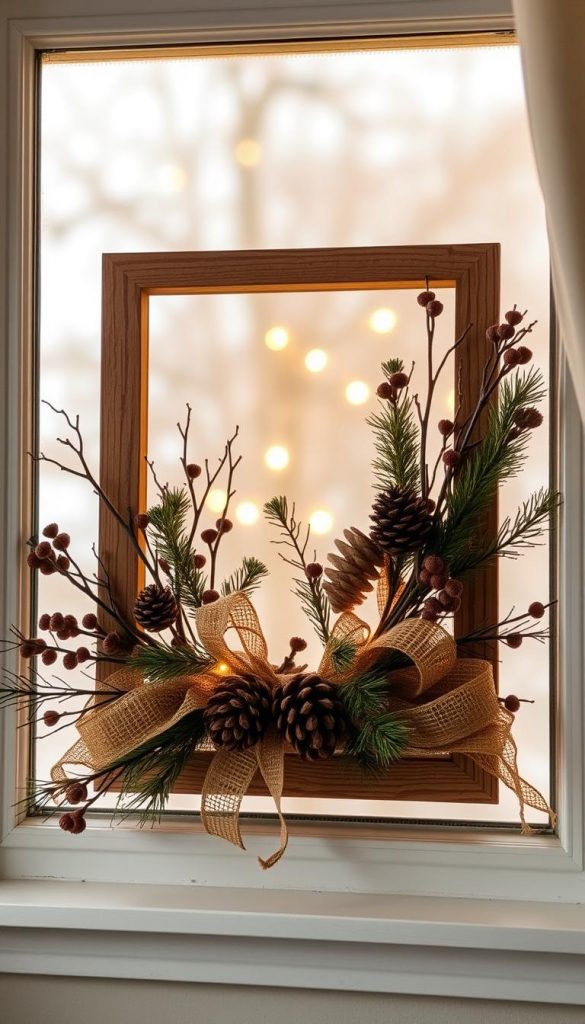 Cozy winter window decor: a rustic wood frame, woven jute ribbons, and natural forest finds like pinecones, twigs, and dried berries. Soft, warm lighting casts a gentle glow, creating a charming, hygge-inspired scene. The composition is balanced and organic, with a sense of handcrafted simplicity. Earthy tones of brown, green, and gold evoke the beauty of the outdoors. A serene, inviting atmosphere perfect for a cozy living room during the cold season.