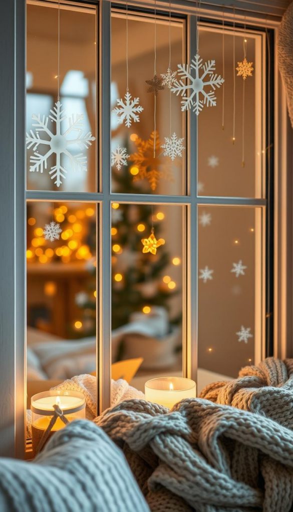 Cozy winter window decor with glowing LED lights, delicate paper snowflakes, and shining golden stars. Soft knitted textures, natural wood accents, and a warm, inviting ambiance. Capturing the essence of a cozy, hygge-inspired living room, with a focus on the window display as the central design feature. Gentle natural lighting, a touch of rustic charm, and a sense of serene winter magic. An authentic, Pinterest-inspired scene that evokes feelings of comfort and inspiration.