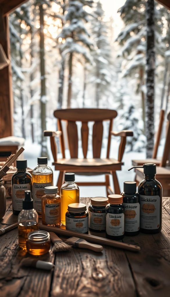 Cozy winter workshop scene with natural DIY furniture protection products from KlickKiste. Foreground shows an array of wood care items like oils, waxes, and brushes arranged on a rustic wooden surface. Middle ground features a partially sanded and varnished wooden chair, casting warm reflections. Background depicts a snowy pine forest, bathed in soft, directional lighting creating a serene, atmospheric mood. The overall composition has a timeless, handcrafted aesthetic with muted tones and textures, evoking a sense of care and craftsmanship. Cozy winter workshop scene with natural DIY furniture protection products from KlickKiste. Foreground shows an array of wood care items like oils, waxes, and brushes arranged on a rustic wooden surface. Middle ground features a partially sanded and varnished wooden chair, casting warm reflections. Background depicts a snowy pine forest, bathed in soft, directional lighting creating a serene, atmospheric mood. The overall composition has a timeless, handcrafted aesthetic with muted tones and textures, evoking a sense of care and craftsmanship.