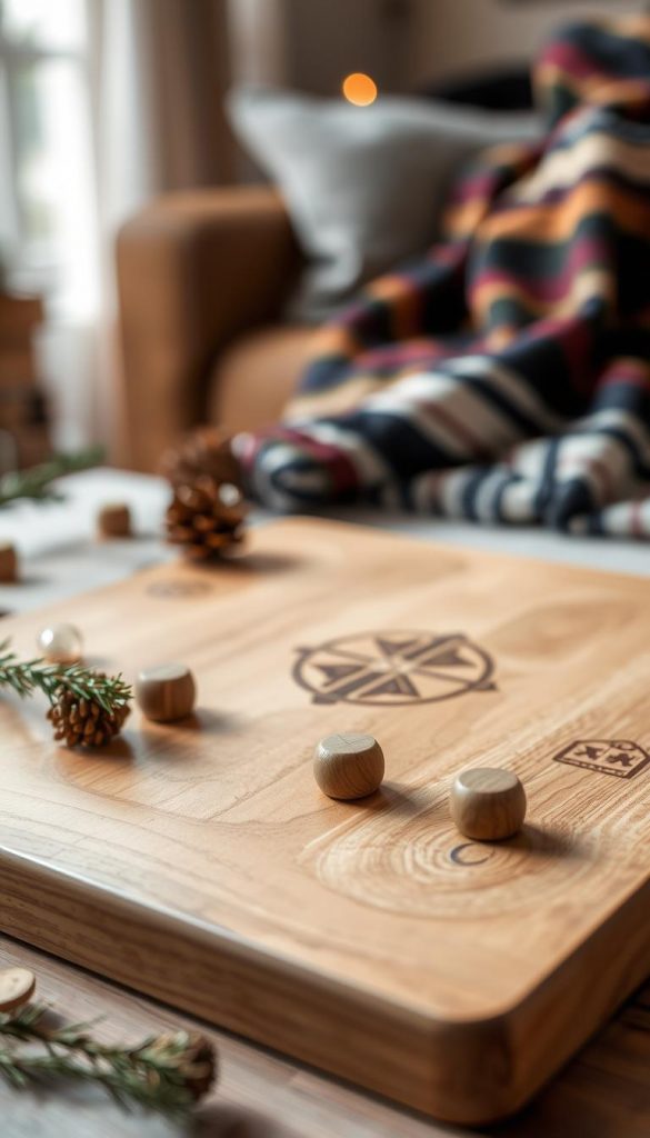 Cozy wooden board game with natural textures and warm tones. Soft lighting highlighting the organic grain and handcrafted details. KlickKiste board in the foreground, surrounded by winter-themed decor like pine branches, pinecones, and a plaid blanket. Blurred background with hints of a cozy living room setting. Inviting, nostalgic atmosphere perfect for family game nights.