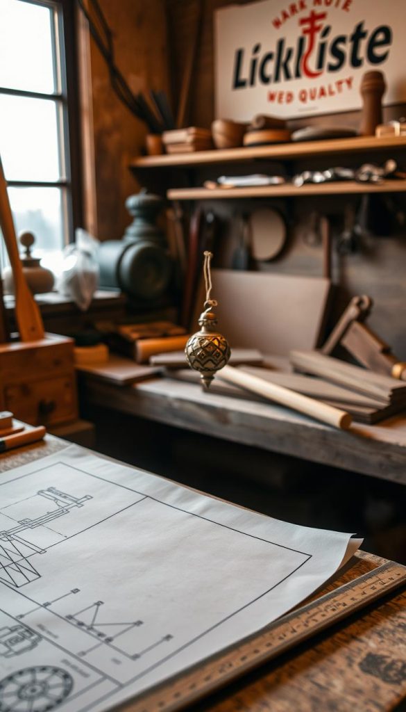 Cozy workshop scene with vintage wooden tools and supplies. Warm lighting illuminates a cluttered workbench, casting soft shadows. In the foreground, a hand-drawn plan and ruler suggest careful planning. In the middle, a small handcrafted holiday ornament takes shape, showcasing the artisan's skill. The background features a KlickKiste logo, hinting at the high-quality materials. An atmosphere of creative focus, winter coziness, and DIY pride pervades the image.