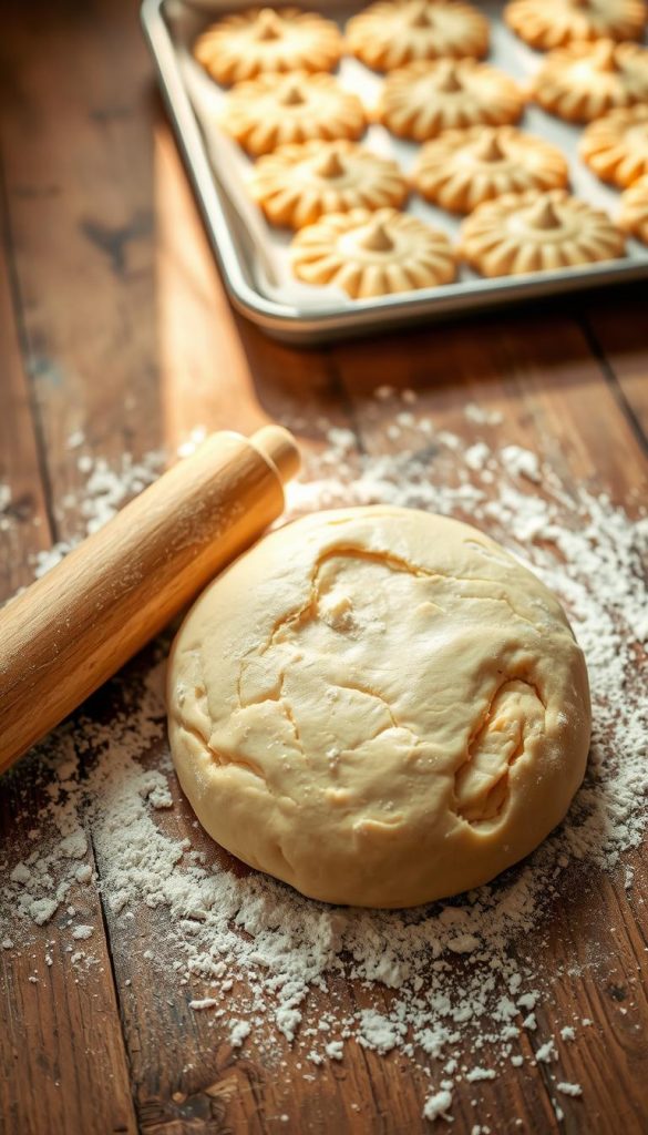 Creamy, golden-brown mürbeteig dough resting on a rustic wooden surface, dusted with a light coating of flour. A rolling pin lies nearby, ready for the next step in the baking process. Warm, natural lighting filters in, casting a cozy glow over the scene. The dough's smooth, pliable texture invites touch, hinting at the delicate, melt-in-your-mouth cookies it will soon become. In the background, a tray of freshly baked Plätzchen sits, their scalloped edges and delicate patterns a testament to the care and craftsmanship of the baker. This scene embodies the warmth, tradition, and homemade charm of classic German Christmas baking.