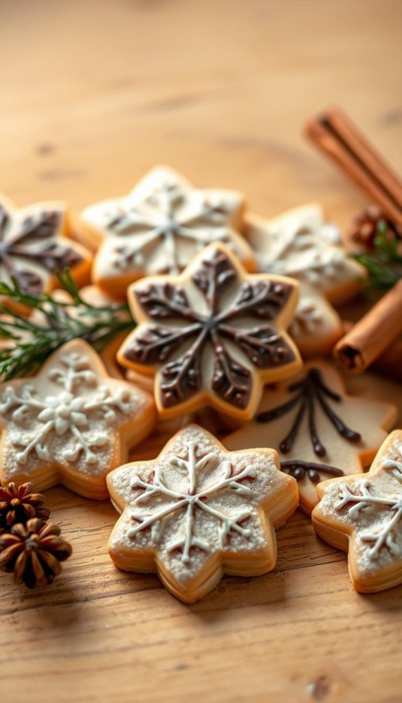 Delicate Christmas cookies with a soft, natural glow. A rustic, hand-crafted arrangement of holiday-themed dekoration plätzchen on a wooden surface, illuminated by warm, diffused lighting. Intricate patterns of sugar glaze and fine chocolate sheen adorn the simple, organic shapes. Subtle winter elements like pine branches and cinnamon sticks add a touch of seasonal charm. Captured with a soft, dreamy lens, this KlickKiste image showcases the timeless elegance of homemade plätzchen, perfect for a cozy, festive display.