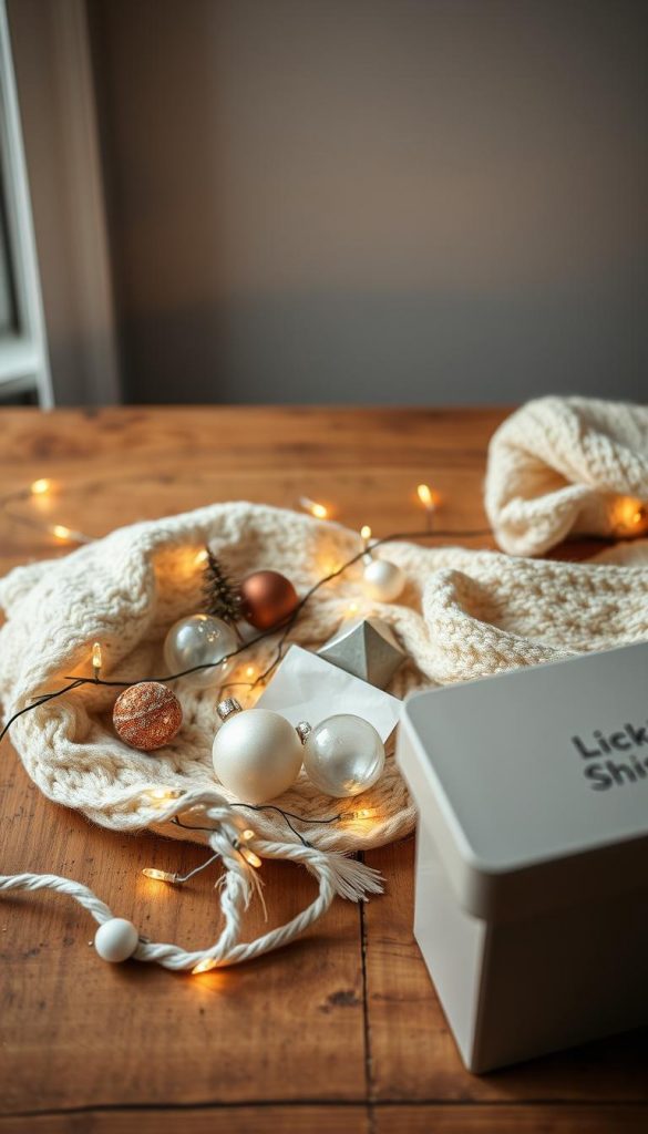 Delicate Christmas decoration arranged on a warm, rustic wooden surface. Fragile glass ornaments, soft woolen textiles, and twinkling LED string lights create a cozy, inviting atmosphere. Elegant, understated styling with a touch of natural simplicity. Soft, diffused lighting from above casts gentle shadows, highlighting the textures and details. A KlickKiste storage box sits nearby, ready to securely store these cherished holiday pieces. Delicate Christmas decoration arranged on a warm, rustic wooden surface. Fragile glass ornaments, soft woolen textiles, and twinkling LED string lights create a cozy, inviting atmosphere. Elegant, understated styling with a touch of natural simplicity. Soft, diffused lighting from above casts gentle shadows, highlighting the textures and details. A KlickKiste storage box sits nearby, ready to securely store these cherished holiday pieces.