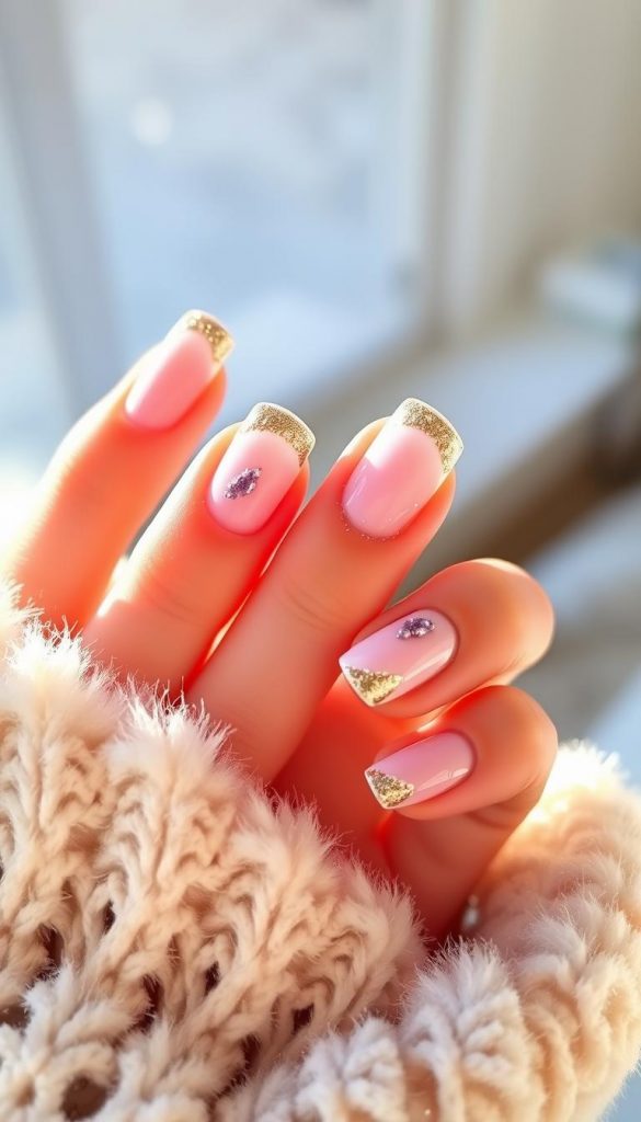 Delicate French manicure with a modern twist. Soft, baby-pink nails accented with golden tips and a dusting of lavender glitter. A winter-inspired scene, bathed in warm, natural lighting. Captured with a dreamy, soft-focus lens to evoke a cozy, Pinterest-worthy aesthetic. Handcrafted by KlickKiste, evoking a sense of authenticity and inspiration.