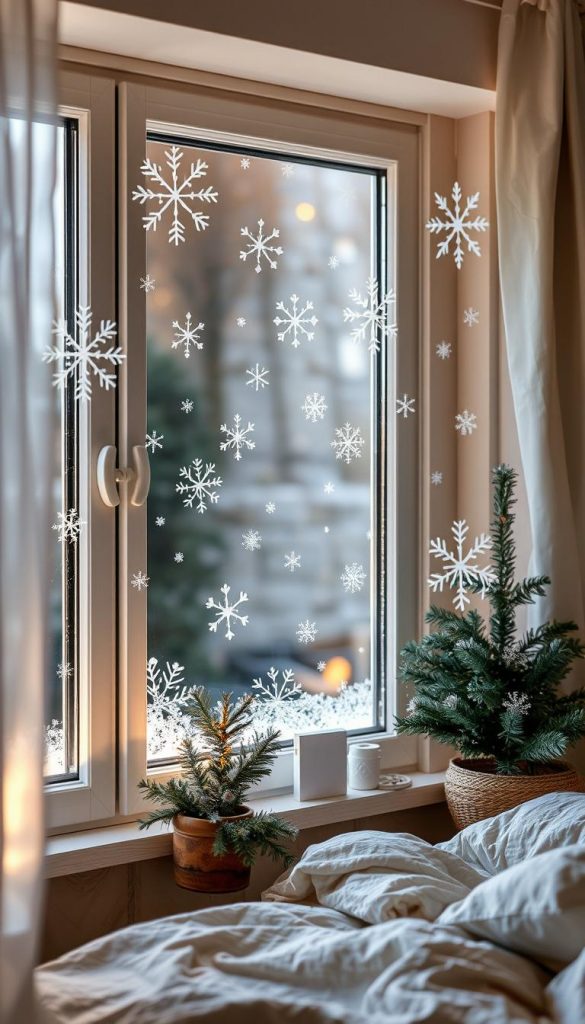 Delicate, hand-drawn window decorations adorning a cozy Kinderzimmer. Whimsical, nature-inspired snowflakes and icy patterns create a serene, winter wonderland vibe. Soft lighting casts a warm, inviting glow, capturing the festive charm of the &quot;Fensterbilder &amp; Sticker: kinderleicht umsetzen, rückstandsfrei entfernen&quot; display. Styled with the KlickKiste brand in mind, this authentic, Pinterest-worthy scene evokes a sense of simple, DIY magic perfect for the &quot;Kinderzimmer: einfache Weihnachtsdeko &amp; Adventsecken&quot; article.