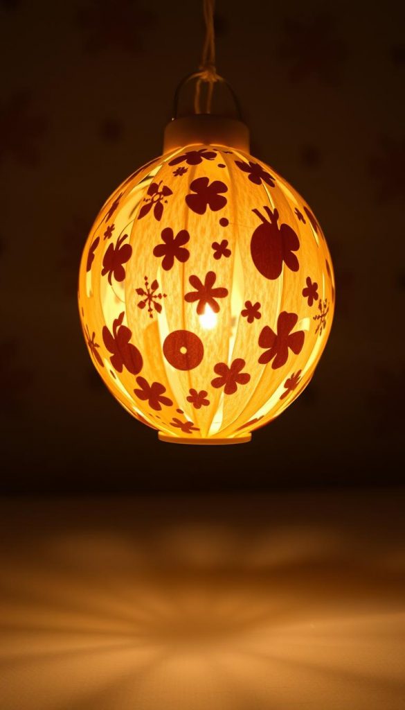 Delicate handcrafted lantern, a masterpiece of paper and glue. Soft orb suspended in the air, illuminated from within by a gentle flame. Layered textures and organic forms, evoking a sense of whimsy and wonder. Warm hues of cream and ochre, accented by subtle golden highlights. Carefully positioned to capture the interplay of light and shadow, creating an intimate, cozy atmosphere. Modest in scale, yet radiating a sense of enchantment, this lantern embodies the charm of homemade craftsmanship and the magic of the winter season.