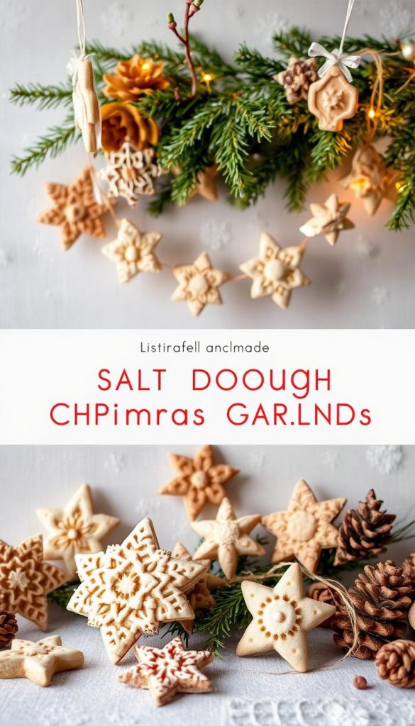 Delicate handmade salt dough Christmas garlands, adorned with intricate patterns and natural textures. Festive ornaments in warm, muted tones arranged against a cozy, winter-inspired backdrop. Soft, diffused lighting casts a gentle glow, creating an inviting, homemade ambiance. The garlands are displayed in a simple, rustic setting, showcasing their organic charm and handcrafted appeal. An authentic, Pinterest-inspired scene that captures the essence of a heartfelt holiday DIY project.