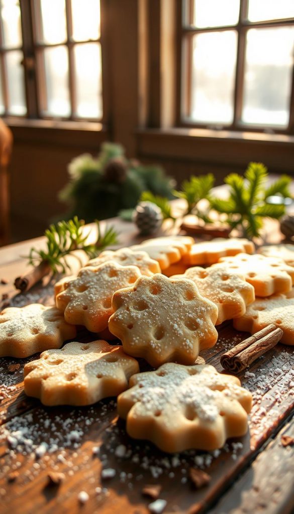 Delicate, melt-in-your-mouth shortbread cookies, arranged artfully on a rustic wooden surface. Sunlight filters through frost-kissed windows, casting a cozy glow. Scattered pine sprigs, cinnamon sticks, and a dusting of powdered sugar lend a festive, hygge-inspired touch. Soft shadows create depth, while a slightly blurred background emphasizes the tactile, handcrafted feel. The overall scene evokes a sense of winter comfort and simple pleasures, inviting the viewer to imagine the buttery, crumbly texture and holiday aromas. A timeless, Pinterest-worthy composition that captures the essence of traditional yet trendy &quot;Traumstücke&quot; baking.