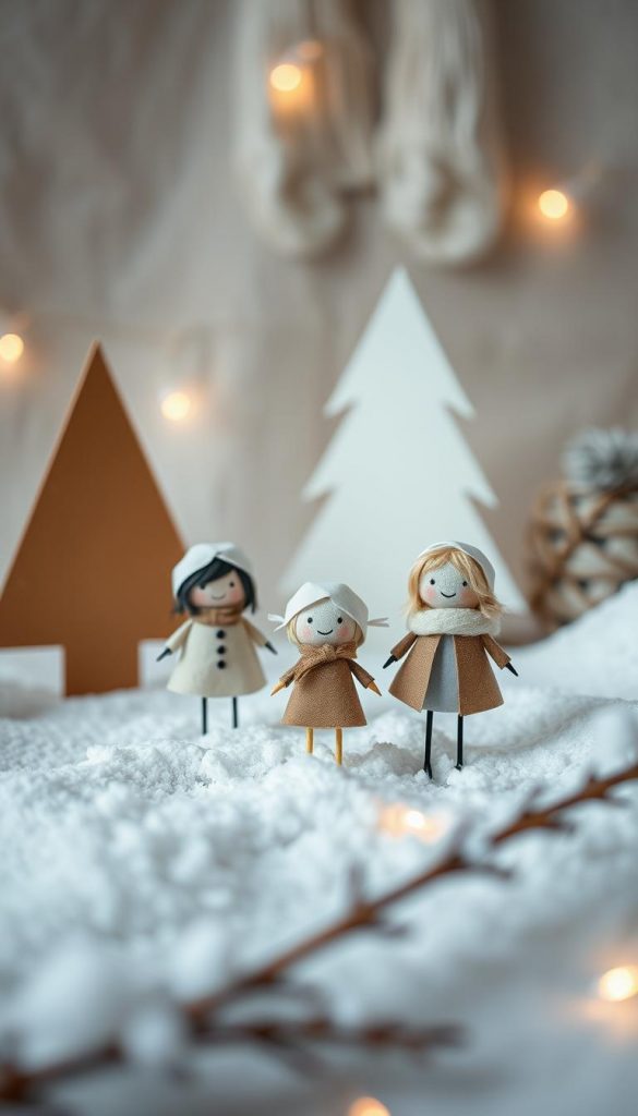 Delicate paper circle wichtel, handcrafted with care, adorn a cozy winter scene. Soft, muted tones create a warm, inviting atmosphere, while natural textures and a touch of whimsy evoke a heartfelt, DIY aesthetic. Intricate details of the wichtel's faces and clothing, captured in a close-up view, draw the viewer in, eliciting a sense of wonder and holiday charm. Soft, diffused lighting casts a gentle glow, enhancing the intimate, homespun feel. Positioned against a subtly textured background, the wichtel appear to float weightlessly, exuding a sense of festive magic. An image that captures the essence of simple, heartfelt Christmas crafts for children.