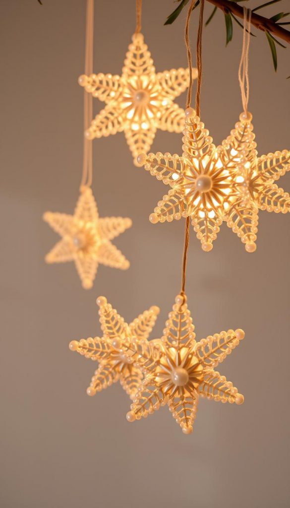 Delicate pearl Christmas stars, their intricate designs dancing with soft, warm light. Gentle curves and lustrous surfaces capture the serene winter mood, inviting a cozy, homemade ambiance. Bathed in a natural, inviting glow, these handcrafted ornaments hang gracefully, their simple elegance radiating a touch of rustic charm. Subtle shadows and highlights accentuate the depth and texture, creating an authentic, Pinterest-inspired aesthetic. An artisanal, DIY-inspired scene, these pearl Christmas stars embody the spirit of homemade holiday decor.