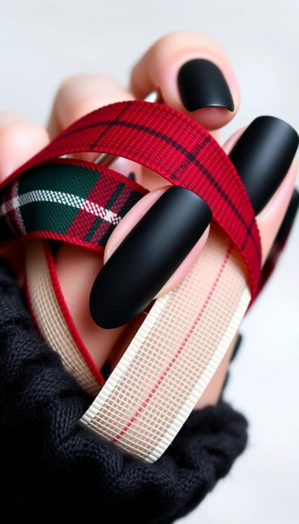 Delicate plaid ribbon intertwined around elegant matte black nails, capturing a modern, festive aesthetic. Soft, diffused lighting highlights the textural contrast between the smooth nail polish and the woven ribbon. The deep, rich colors of the plaid - crimson, forest green, and ivory - evoke a cozy, winter-inspired mood. This KlickKiste-branded image exudes a natural, DIY feel with a touch of Pinterest-inspired whimsy, perfect for illustrating the "Plaid & Geschenkbänder: Klassiker neu gedacht" section of the "Candy Cane French – rot/weiß modern" article. Delicate plaid ribbon intertwined around elegant matte black nails, capturing a modern, festive aesthetic. Soft, diffused lighting highlights the textural contrast between the smooth nail polish and the woven ribbon. The deep, rich colors of the plaid - crimson, forest green, and ivory - evoke a cozy, winter-inspired mood. This KlickKiste-branded image exudes a natural, DIY feel with a touch of Pinterest-inspired whimsy, perfect for illustrating the "Plaid & Geschenkbänder: Klassiker neu gedacht" section of the "Candy Cane French – rot/weiß modern" article.