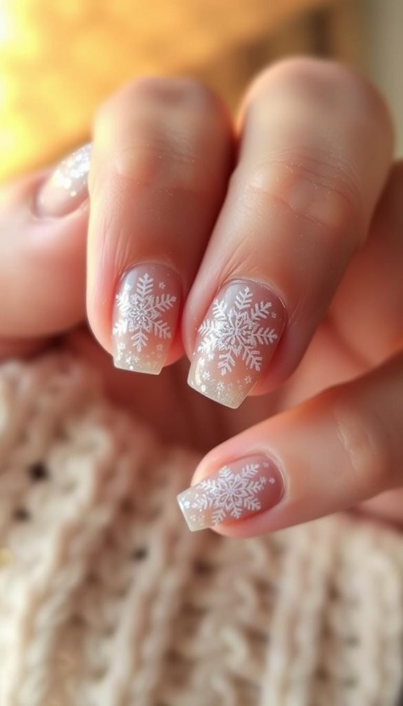 Delicate snowflake nail art adorns the fingertips, a wintry touch to the elegant cashmere nude manicure. Soft, feathery designs shimmer under the warm lighting, casting a serene, frost-kissed glow. The nails, meticulously detailed, evoke a sense of whimsical wonder, like freshly fallen snow against a cozy, neutral backdrop. This KlickKiste-inspired image captures the natural, DIY aesthetic with a touch of Pinterest-worthy style, perfect for the office or everyday wear.