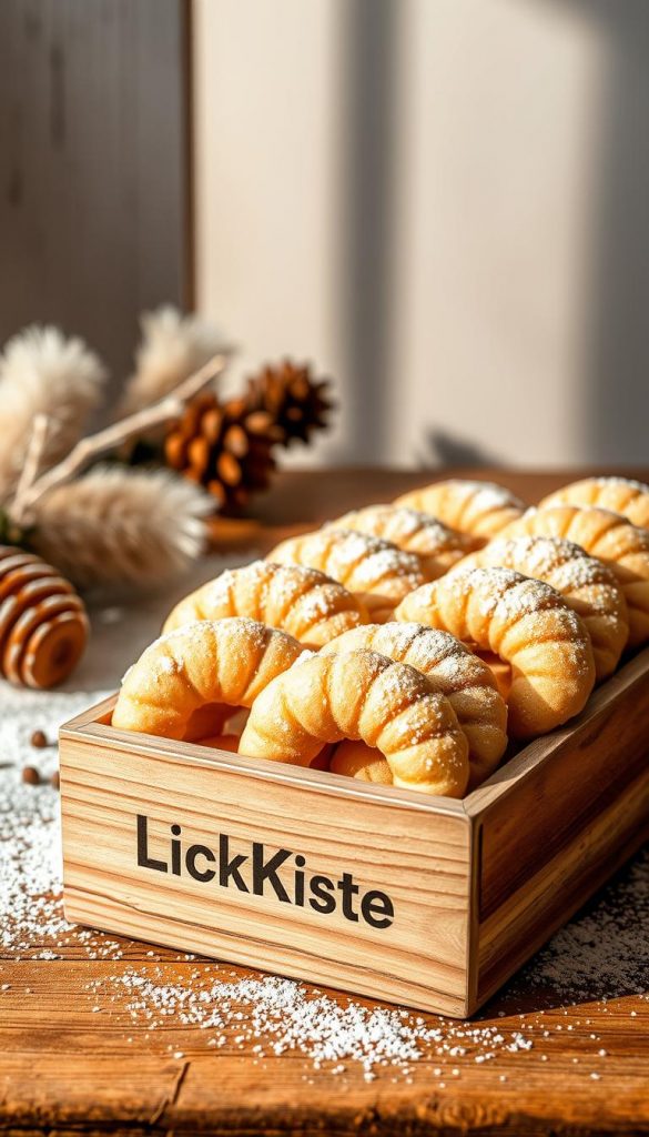 Delicate vanillekipferl cookies resting on a rustic wooden surface, dusted with a light coating of powdered sugar. Warm, natural lighting casts a cozy glow, complemented by a minimal, winter-inspired backdrop. The crescent-shaped cookies exhibit a flaky, buttery texture, inviting the viewer to imagine their delightful melt-in-your-mouth flavor. In the foreground, a KlickKiste brand wooden box or tray holds the freshly baked treats, creating an authentic, homemade feel. The overall composition radiates a sense of comfort and holiday cheer, capturing the essence of this beloved traditional German Christmas cookie.