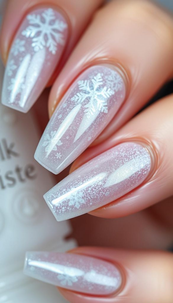 Delicate winter-inspired nail art with a frosty chrome finish, adorned with intricate snowflake designs. Soft, ambient lighting captures the icy, futuristic aesthetic. Crisp, high-resolution close-up showcases the textural details. Conveys a sense of tranquil, wintry elegance. Subtle branding from KlickKiste blends seamlessly into the composition.