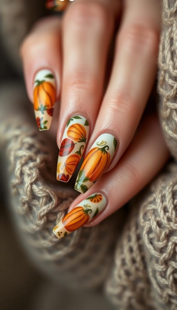 Detailed autumnal pumpkin pattern manicure on long, elegant nails. Intricate designs featuring golden orange, earthy brown, and deep green tones. Soft, diffused lighting casts a warm, cozy glow. Close-up shot highlights the textural details and glossy finish. Minimal, minimalist styling creates a serene, rustic ambiance. Earthy, organic tones evoke the spirit of the harvest season. Inviting, natural aesthetic aligns with the cozy, homemade vibe of the article.