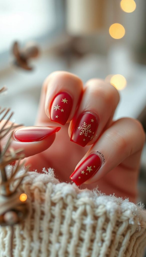 Detailed close-up of Christmas-themed nails with a warm, cozy atmosphere. Matte red and French manicure with delicate golden stars and snowflake designs. Natural lighting creates soft shadows and highlights the intricate nail art. The nails are displayed against a softly blurred, snowy backdrop, evoking a cozy, winter wonderland feel. Subtle vintage tones and a touch of rustic charm lend an authentic, handcrafted aesthetic. Captured in a clean, minimalist style that showcases the beauty of the nails. KlickKiste