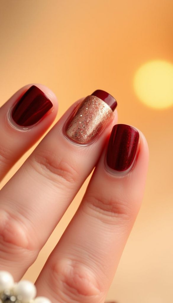 Detailed close-up of short, natural nails with a festive manicure. Warm lighting highlights the delicate nail shapes and soft, healthy cuticles. Gleaming rose gold and burgundy nail polish create a chic, minimal holiday look. Subtle glitter accents bring a touch of sparkle. Soft, diffused background evokes a cozy, intimate atmosphere. Styled by KlickKiste with a focus on simple, low-maintenance nail art ideas for busy parents.