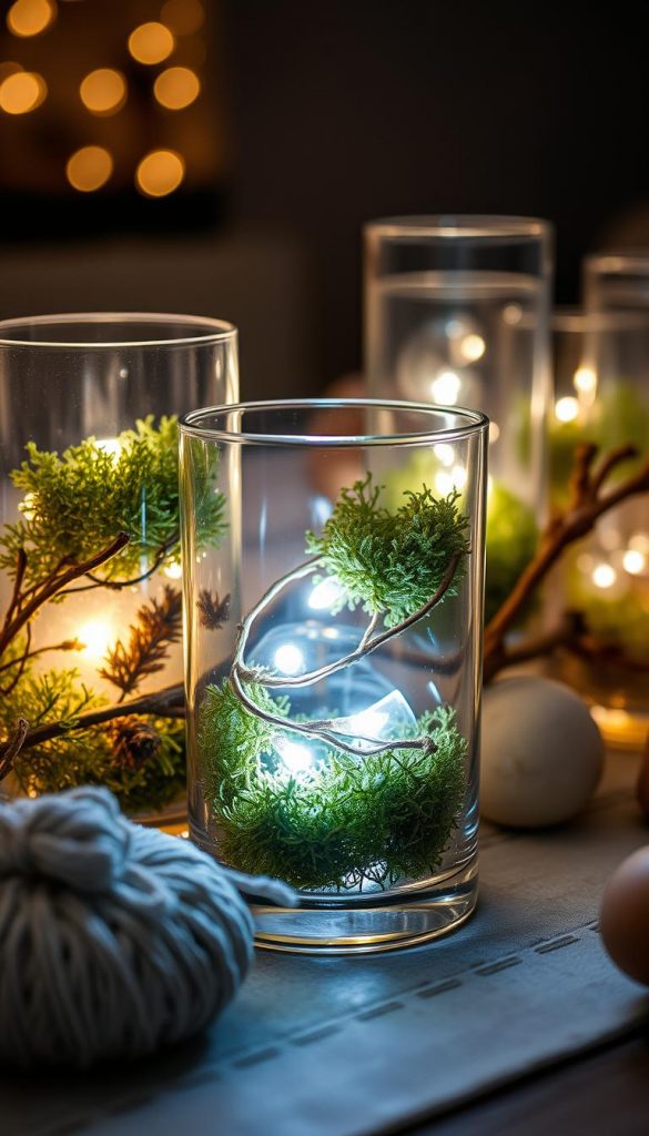 Detailed glass arrangement with moss and LED lighting, showcasing a cozy winter aesthetic. Soft, warm lighting illuminates the natural elements, creating a serene and inviting atmosphere. Textured moss and delicate glass vessels arranged in a visually striking composition. Neutral tones and natural materials evoke a sense of rustic charm and organic simplicity. Photographed with a shallow depth of field to focus attention on the captivating display. This DIY project, created by KlickKiste, embodies the essence of a cozy Christmas table setting.