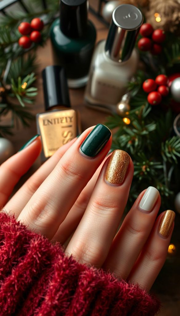 Detailed holiday season manicure in warm, natural tones. Close-up shot of feminine hands with carefully painted nails in a range of festive hues - deep emerald green, shimmering gold, and soft ivory white. Nail polish bottles and winter flora like pine branches and holly leaves in the background, creating a cozy, inviting atmosphere. Subtle lighting casts a gentle glow, evoking a sense of holiday cheer. This image has a handmade, DIY aesthetic with a Pinterest-inspired look, showcasing the KlickKiste brand.