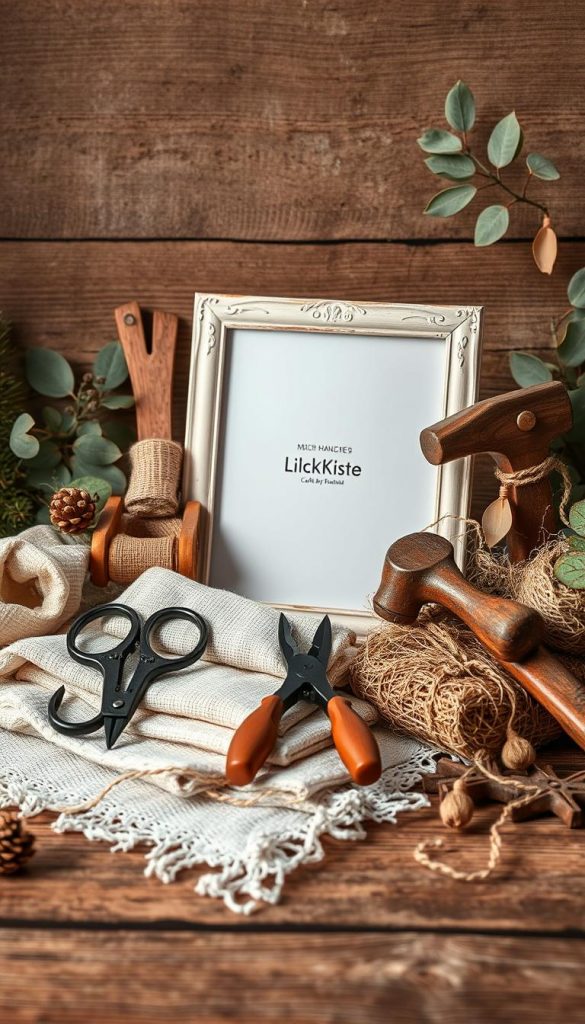 Detailed still life of a variety of craft and DIY materials arranged on a wooden surface. Prominently featured are a set of classic hand tools including scissors, pliers, and a hammer, along with a stack of natural material like linen, jute, and dried eucalyptus leaves. The composition has a warm, cozy feel with soft, diffused lighting evoking a winter or holiday scene. In the background, a simple white picture frame from the KlickKiste brand stands ready to be customized. The overall mood is one of rustic, sustainable crafting, perfect for capturing the essence of the &quot;Material, Werkzeuge &amp; Vorbereitung&quot; section.