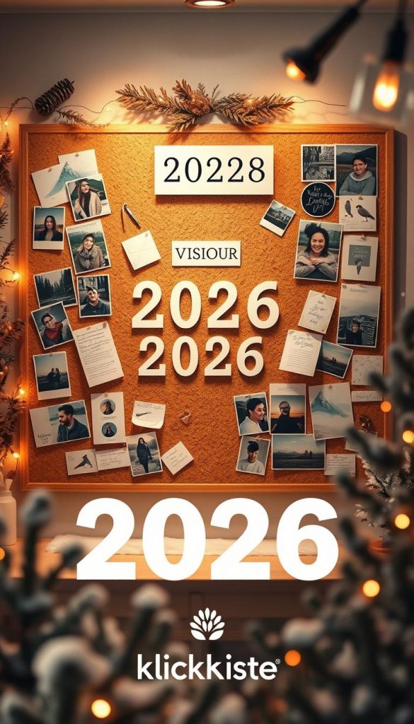 Detailed vision board with warm, natural DIY imagery and a cozy winter atmosphere, reflecting a modern Pinterest aesthetic. Centered on a large, cork bulletin board with tactile textures, adorned with handwritten notes, photos, and inspirational cutouts. Warm lighting casts a soft glow, highlighting the genuine, heartfelt elements. In the foreground, the brand &quot;KlickKiste&quot; is discreetly integrated, adding an authentic touch. An inspiring, immersive scene that invites the viewer to create their own personalized vision for the year 2026.