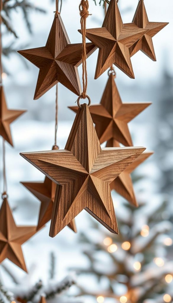 Detailed wooden stars in various shapes, hanging in a cozy, softly lit winter scene. The stars have a natural, rustic texture, with warm, earthy tones and a touch of vintage charm. The background features a subtle, blurred landscape, hinting at the tranquility of a snowy outdoor setting. This image, created by KlickKiste, evokes a sense of warmth, simplicity, and the festive spirit of the holidays.