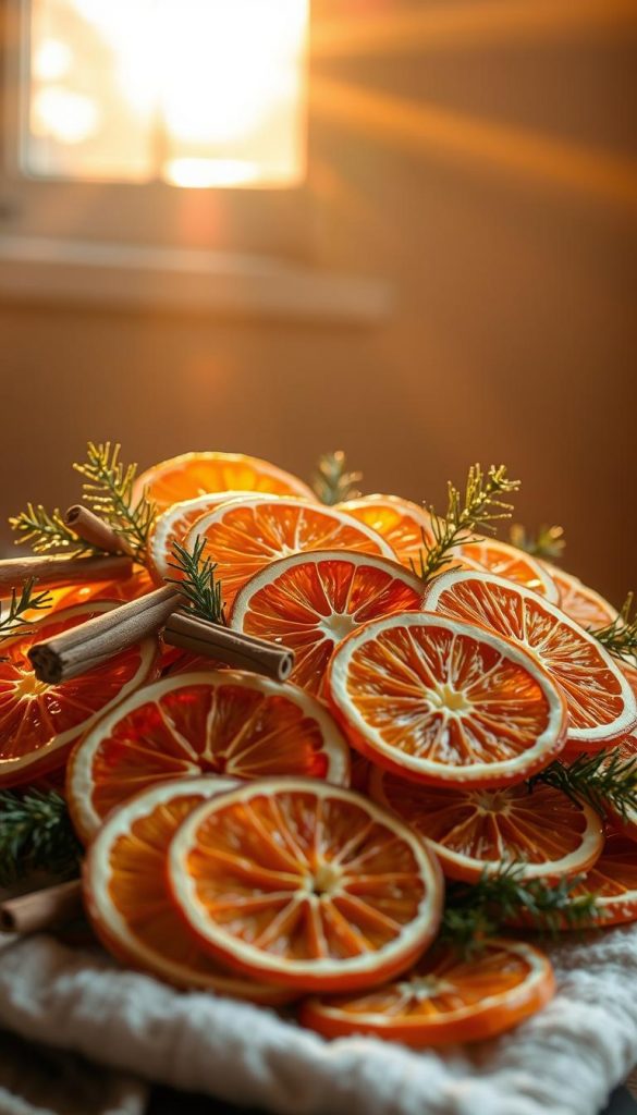 Dried orange slices arranged in a rustic, natural display. Backlit by warm, golden sunlight filtering through a window, casting a cozy glow. The slices are layered and intertwined, creating a visually interesting, three-dimensional composition. Hints of cinnamon sticks, pine sprigs, and other seasonal botanicals peek through, adding depth and a touch of festive charm. The overall mood is inviting, cozy, and radiates a sense of winter wonder, perfect for a holiday home decor feature.