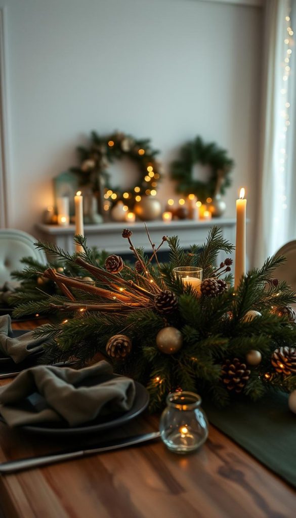 Elegant Christmas table decor in a cozy dining room. A rustic, handcrafted centerpiece made from natural materials like pine branches, cinnamon sticks, and pinecones adorns the KlickKiste table. Soft, warm lighting casts a festive glow, while a minimal color palette of deep greens and muted metallics creates a sophisticated, winter-inspired ambiance. Delicate glass ornaments and twinkling fairy lights add a touch of whimsy. The overall mood is inviting, comforting, and effortlessly chic - perfect for an intimate holiday gathering. Elegant Christmas table decor in a cozy dining room. A rustic, handcrafted centerpiece made from natural materials like pine branches, cinnamon sticks, and pinecones adorns the KlickKiste table. Soft, warm lighting casts a festive glow, while a minimal color palette of deep greens and muted metallics creates a sophisticated, winter-inspired ambiance. Delicate glass ornaments and twinkling fairy lights add a touch of whimsy. The overall mood is inviting, comforting, and effortlessly chic - perfect for an intimate holiday gathering.