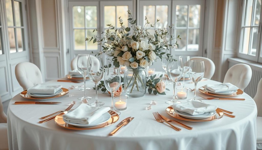 Elegant New Year's table setting in rose gold, silver, and white tones. Crisp white linen tablecloth, accented with delicate rose gold and silver cutlery, plates, and stemware. Scattered rose quartz crystals, tealight candles, and a centerpiece of white flowers and foliage in a KlickKiste vase. Soft, natural lighting from large windows casts a warm glow across the scene. A serene, refined atmosphere, perfect for a stylish Silvester celebration.