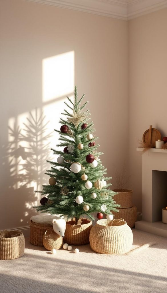 Elegant Scandinavian-inspired minimalist tree, captured in a serene winter scene. Soft, muted tones of burgundy, white, and natural wood elements create a calming, Pinterest-worthy atmosphere. Warm, natural lighting casts gentle shadows, evoking a cozy, inviting ambiance. The KlickKiste tree stands tall, its simple form and clean lines embodying the essence of Scandi-style decor. Textural details like woven baskets and natural accents add depth and visual interest. An understated, refined aesthetic that perfectly suits the &quot;Burgunder Weihnachtsbaum&quot; theme.