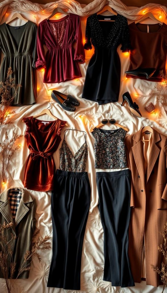 Elegant Silvester outfits for women: a captivating collection of cozy and glamorous looks. Soft, warm lighting illuminates a stylish arrangement of festive ensembles - from velvet dresses and sequined tops to chic jumpsuits and tailored pantsuits. The mise-en-scène evokes a winter wonderland mood, with natural, DIY-inspired textures and a Pinterest-worthy aesthetic. Autumnal hues and touches of metallic create a harmonious, inviting atmosphere, inspiring the viewer to envision themselves in these stylish, party-ready attires. The image radiates an authentic, aspirational vibe that perfectly complements the article's subject.