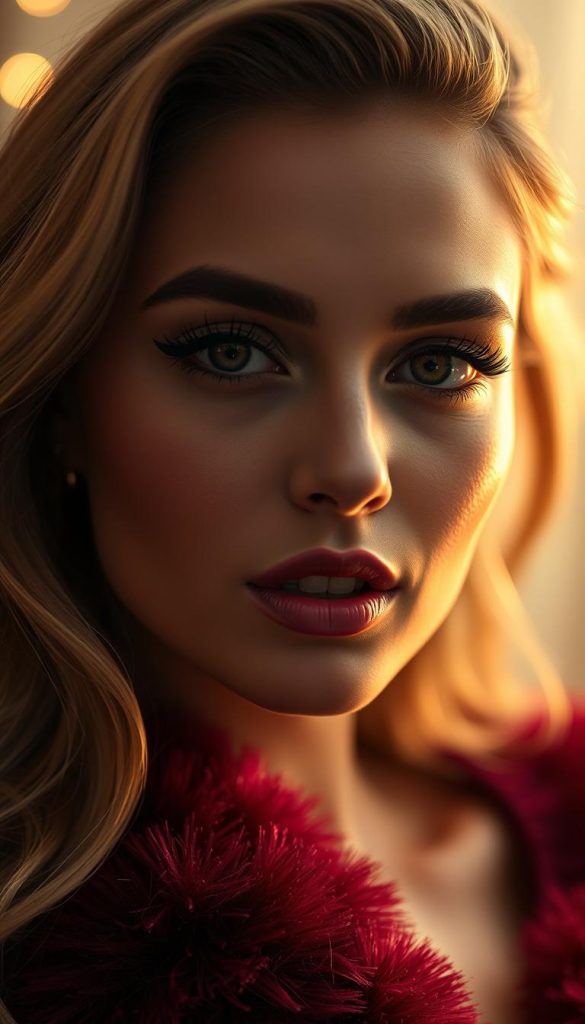 Elegant and alluring "glanz glow" radiating from a glamorous woman's face, accentuated by soft, diffused lighting. Luminous skin, subtly shimmering eyeshadow, and a dewy, glossy lip create an enchanting, party-ready look. The subject's gaze is both captivating and inviting, drawing the viewer in. Warm, winter-inspired tones like gold, bronze, and burgundy set an inviting, cozy atmosphere. Minimal, clean styling allows the natural "glanz glow" to take center stage. The overall aesthetic is effortlessly chic, stylish, and Pinterest-worthy.