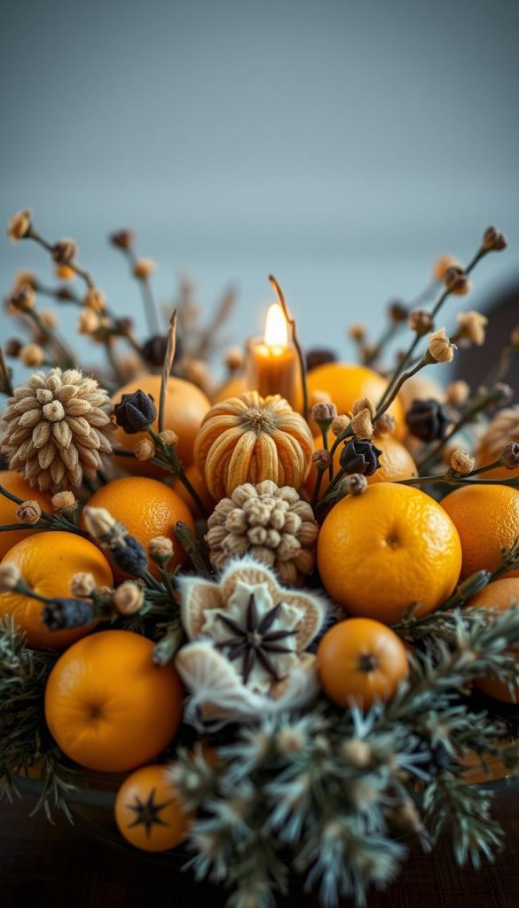 Elegant and aromatic centerpiece: A captivating arrangement of golden citrus fruits, warm-hued pomander balls, and delicate sprigs of fragrant cloves. Soft, diffused lighting casts a cozy glow, highlighting the rich textures and natural hues. Crafted with care, this KlickKiste-inspired piece evokes a sense of hygge and winter charm, perfect for festive tablescapes. Elegant and aromatic centerpiece: A captivating arrangement of golden citrus fruits, warm-hued pomander balls, and delicate sprigs of fragrant cloves. Soft, diffused lighting casts a cozy glow, highlighting the rich textures and natural hues. Crafted with care, this KlickKiste-inspired piece evokes a sense of hygge and winter charm, perfect for festive tablescapes.