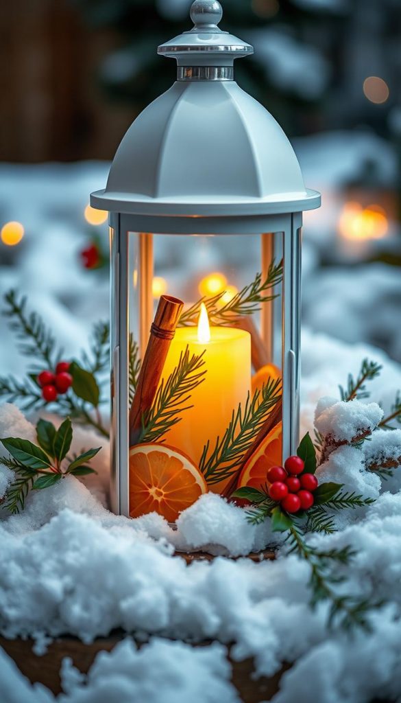 Elegant and aromatic "duft laterne" nestled amidst a cozy winter tableau. A focal point of natural beauty, the lantern features a glowing candle flame within, its warm light dancing through glass adorned with intertwined citrus slices, cinnamon sticks, and fresh pine needles. A soft blanket of fresh snow covers the surrounding landscape, while a few sprigs of holly and mistletoe add pops of vibrant green. The scene is bathed in a soft, inviting glow, radiating a sense of seasonal magic and soothing, sensory delights. Shot from a low angle with a shallow depth of field to emphasize the lantern's artful composition.